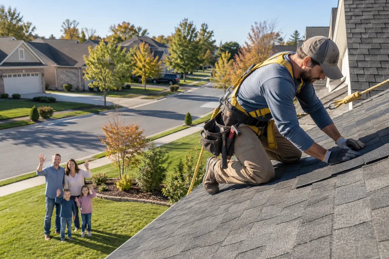 Independent roofing provider repairing shingles on a house in St. Louis on a clear day