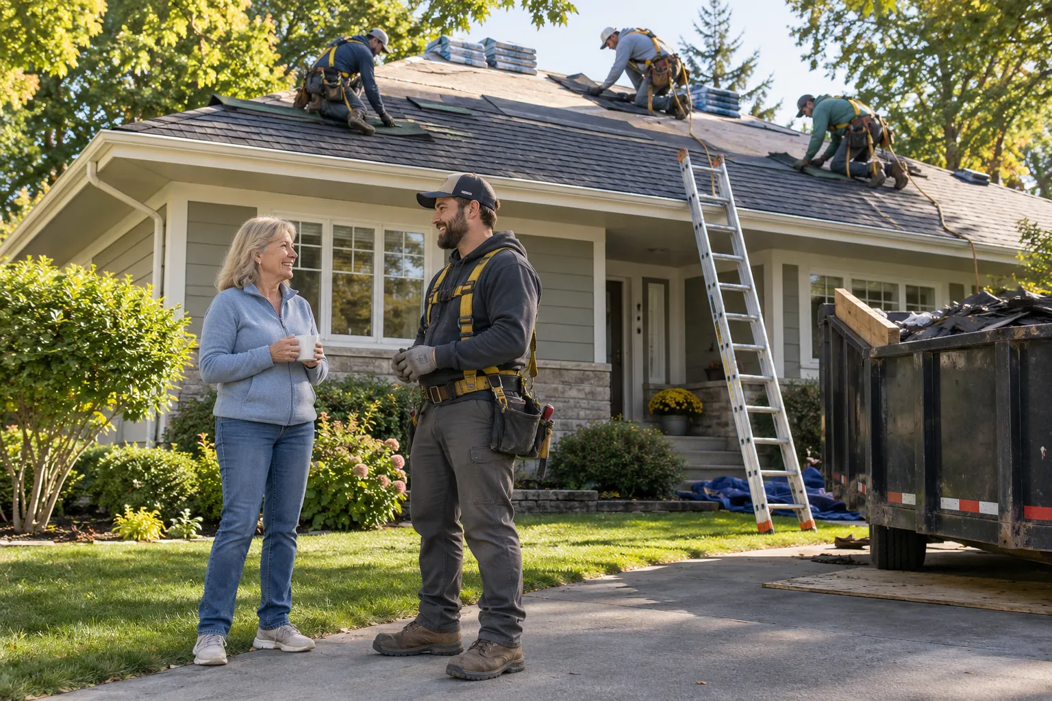 Roofing crew installing new shingles on a family home in St. Louis on a clear morning